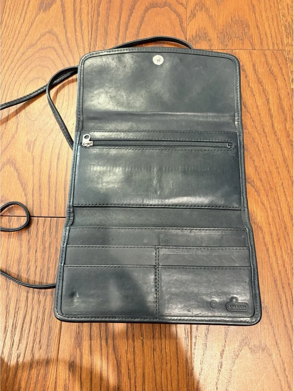 Coach Swing Wallet Purse Black Leather Trim Small Trifold Crossbody Strap